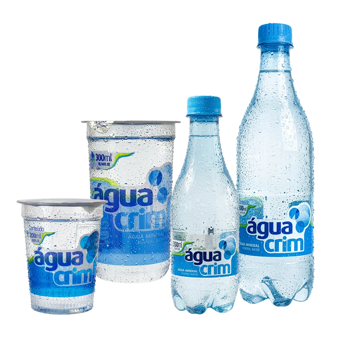 Água Mineral Águacrim em copo e garrafas pequenas