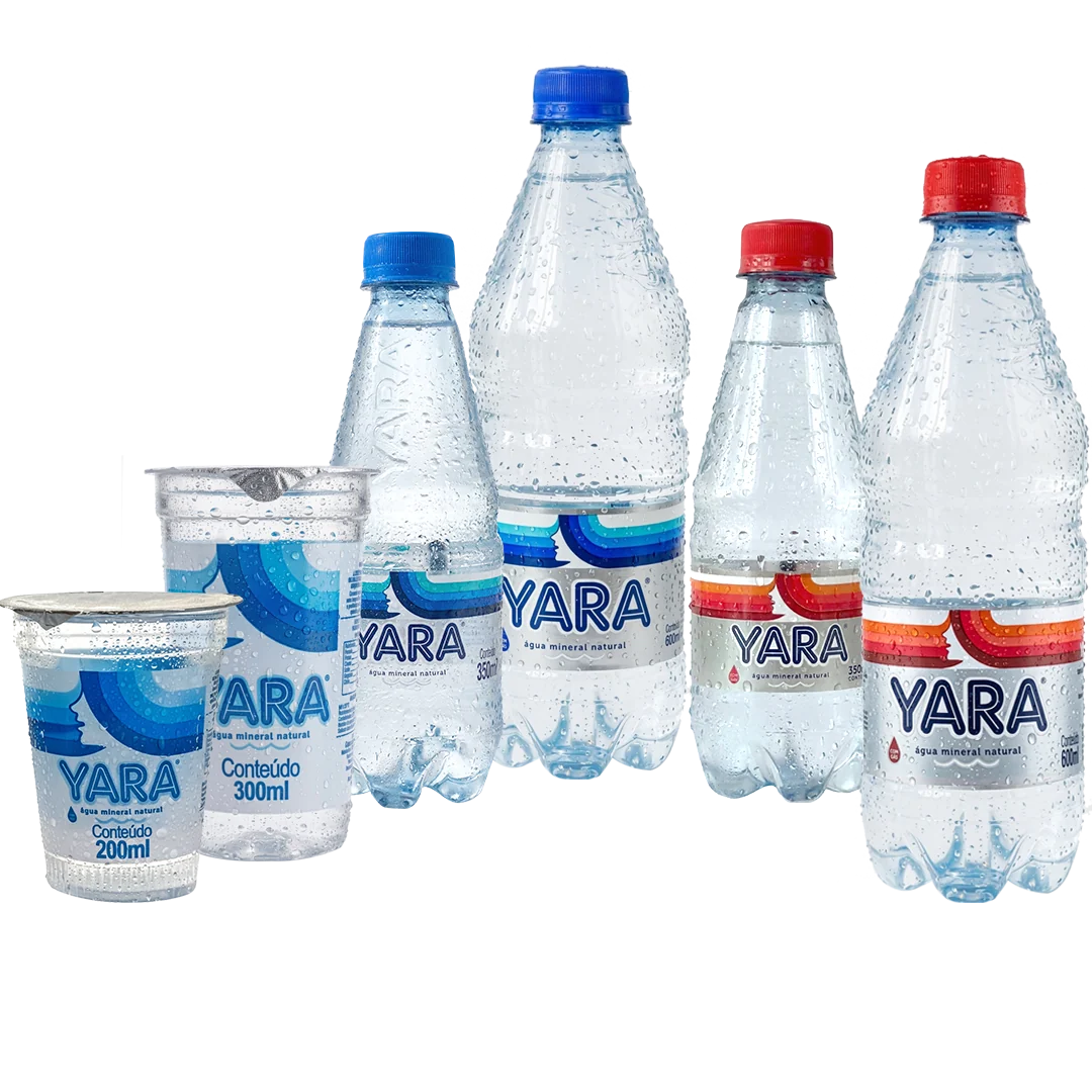 Água Mineral Yara em copos e garrafas pequenas, com e sem gás